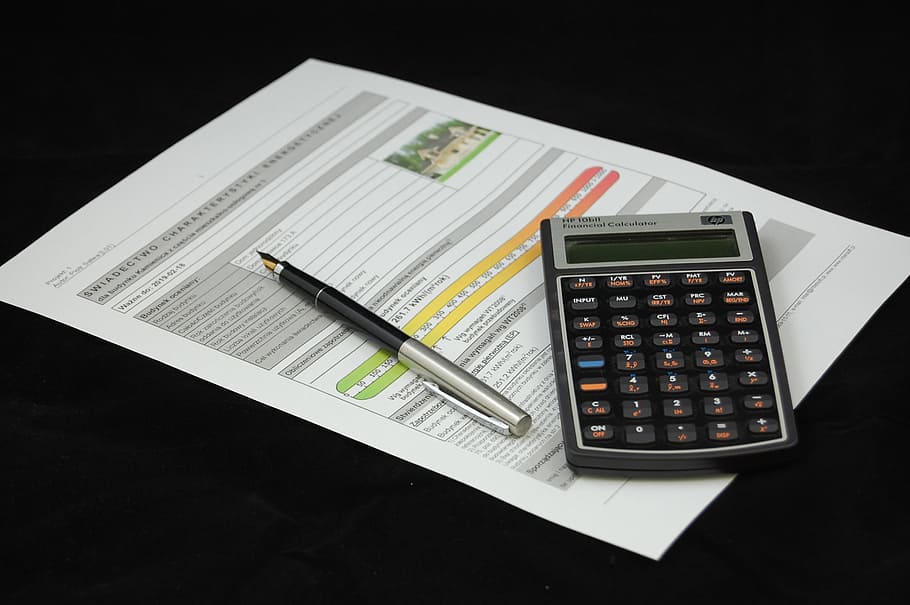 black, gray, desk calculator, pen, calculator, agreement, energy certificate, document, documents, sign