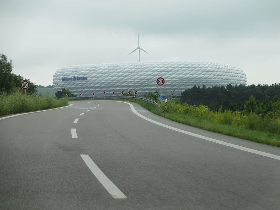 allianz arena, fc bayern munich, football, german, fussball, road, renewable energy, transportation, alternative energy, sign