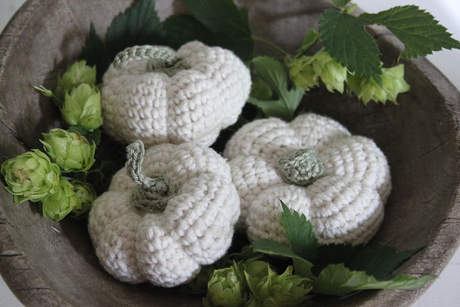 three, white, knitted, squash table decor, pumpkins, hooks, hooking, crocheted pumpkin, old wooden scoop, autumn