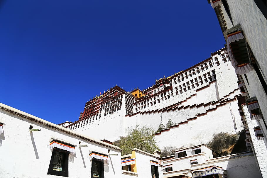 tibet, lhasa, istana potala, langit biru, keagungan, khidmat, agama Budha, arsitektur, eksterior bangunan, struktur yang dibangun