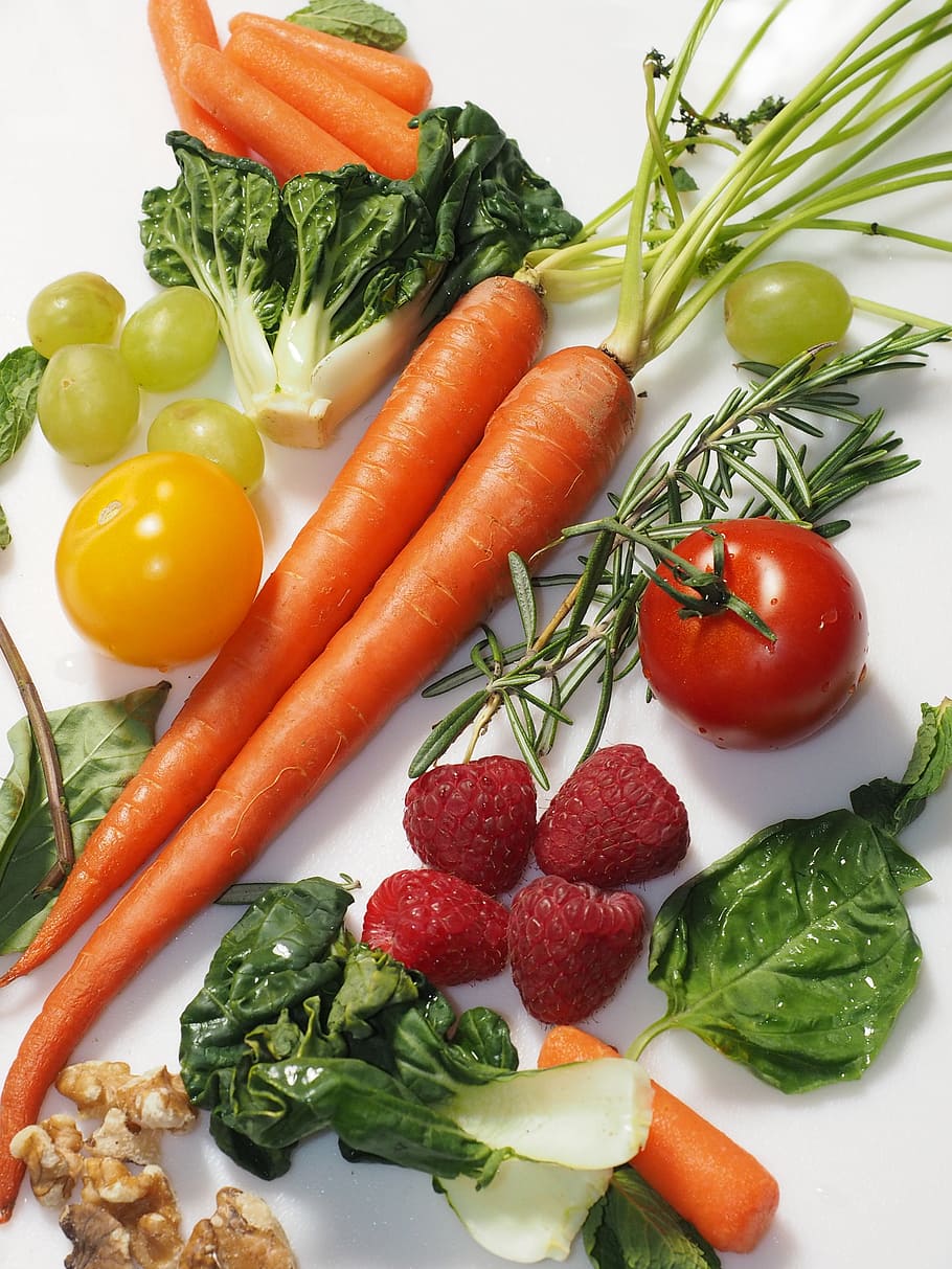 zanahorias, fresas, tomates, repollo, organizar, blanco, textil, vegetal, vegano, saludable