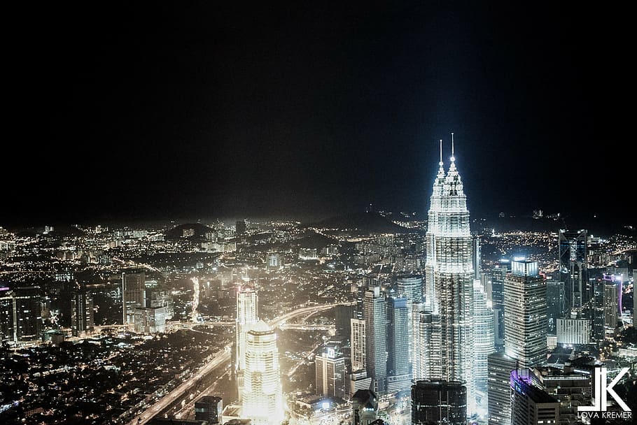 aerial, view, lighted, high-rise, buildings, kuala lumpur, petronas twin towers, building, black, white