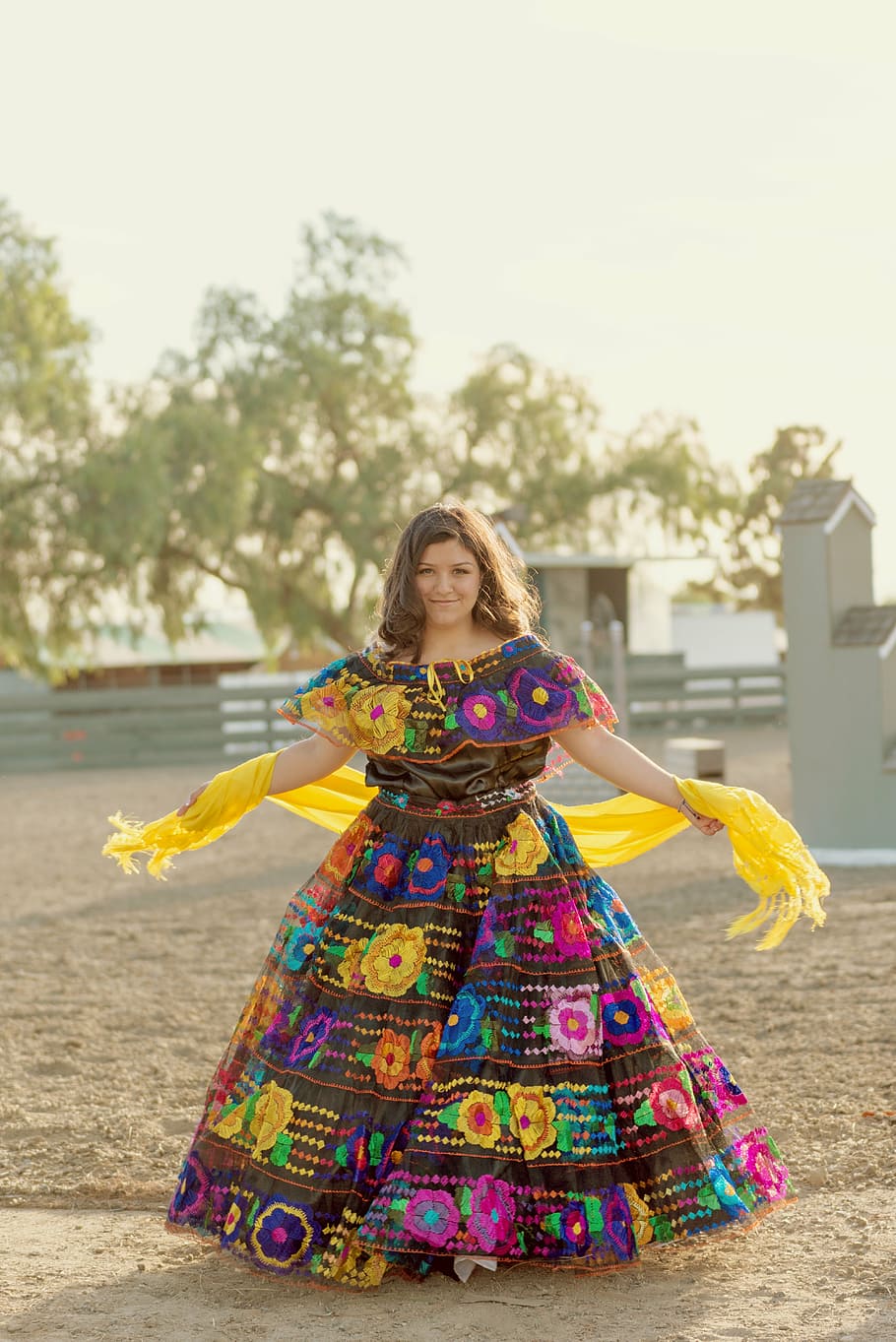 woman, wearing, multicolored, dress, standing, quinceanera, birthday, sweet, sixteen, party