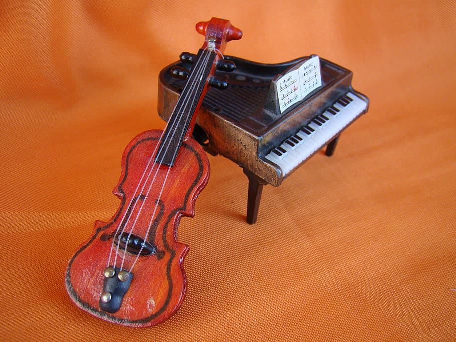 piano, biola, oranye, musik, mainan, instrumen, klasik, bermain, suara, melodi