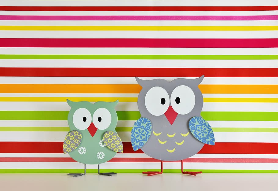 two, assorted-color bird, wooden, decor, owls, colorful, wood, painted, funny, decoration