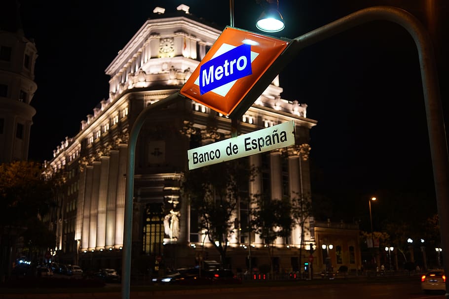 metro, madrid, bank, facade, spain, city view, building, night, abendstimmung, historic center