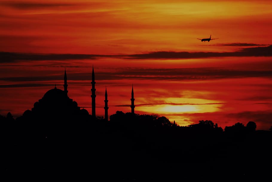 masjid, istambul, üsküdar, Pôr do sol, silhueta, céu, cor laranja, nuvem - céu, veículo aéreo, beleza na natureza