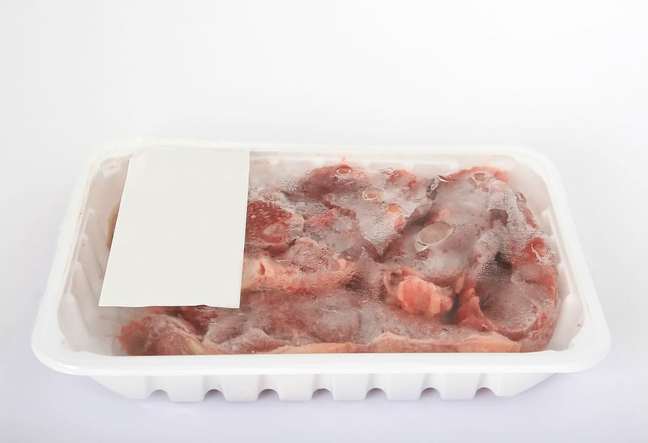 raw, meat, plastic container, beef, braising, brisket, catering, close-up, colorful, cookery
