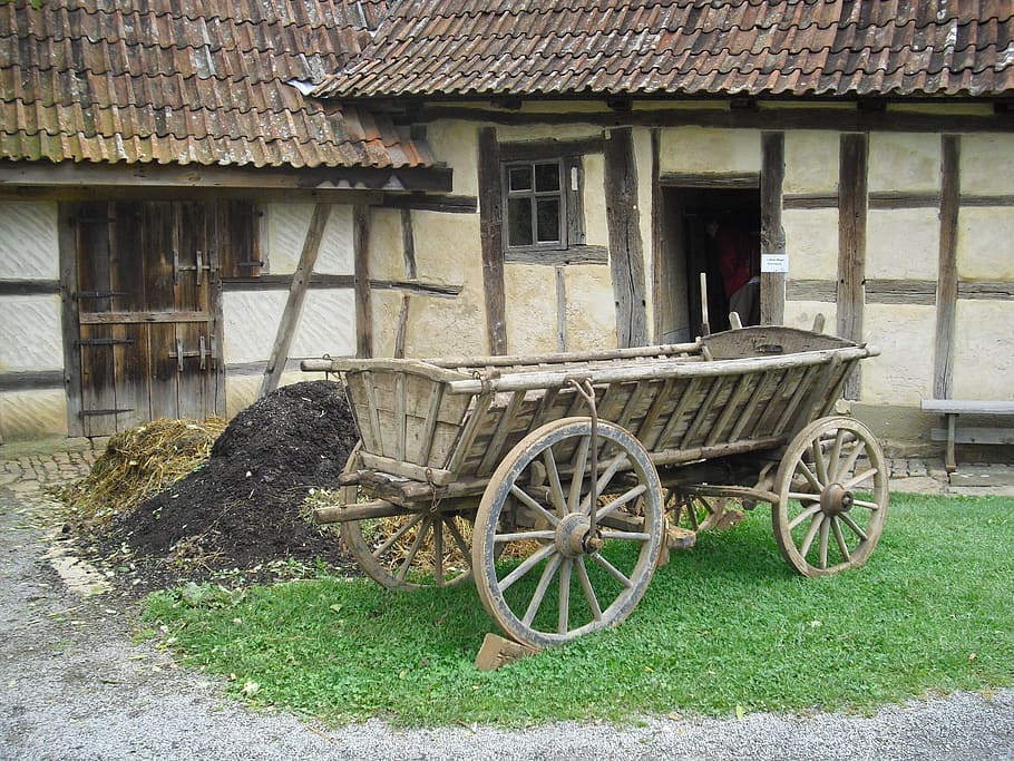 brown wooden wagon, farm, cart, agriculture, building, farmhouse, fachwerkhaus, old farmhouse, agriculture museum, architecture