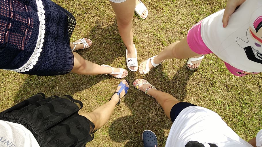 five, women, wearing, sandals, friends, feet, legs, compare, together, team