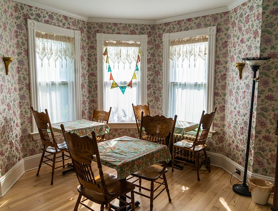sala de desayuno, país, diseño de interiores, comedor, anticuado, decoración, sillas, interior, mesa, retro
