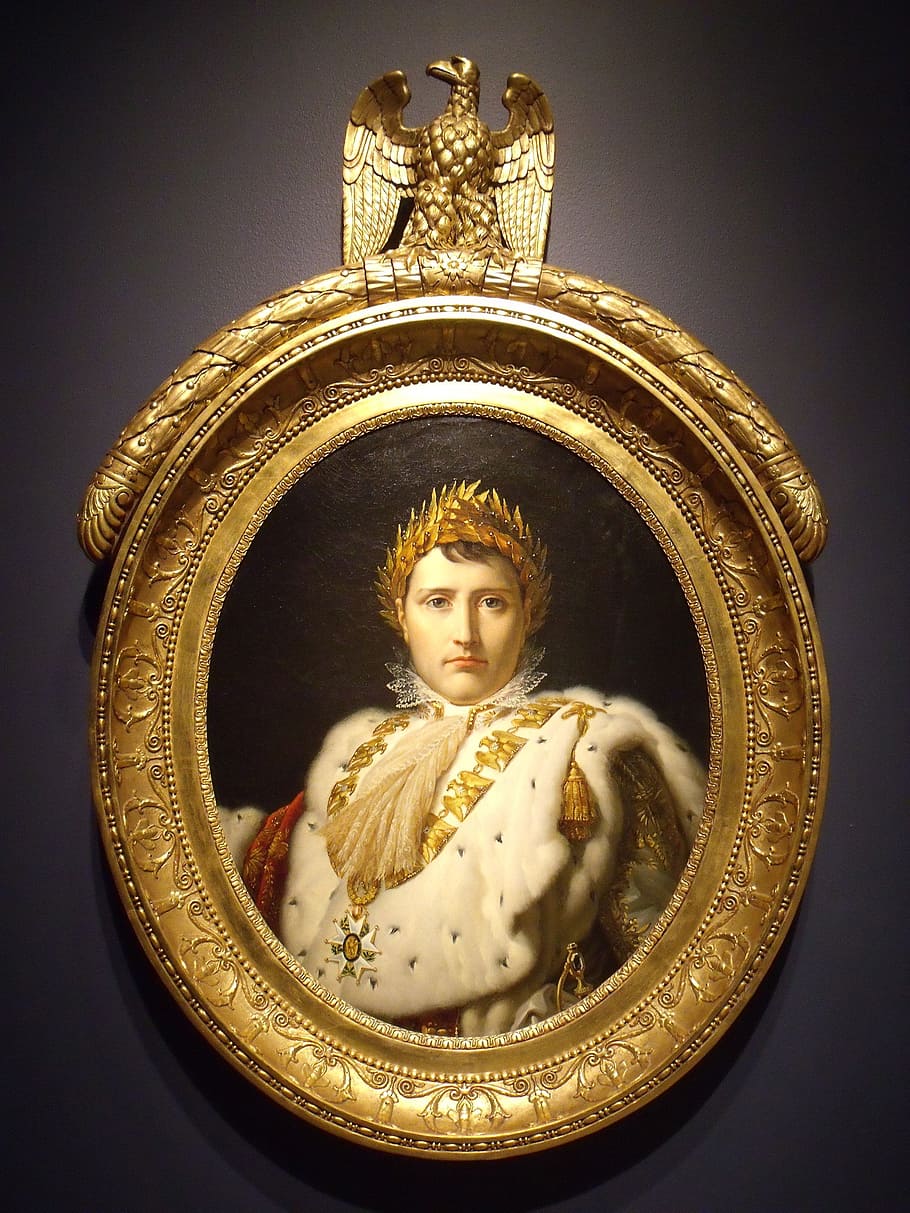 Ronda de color dorado, enmarcado, hombre, vistiendo, corona de oro, Napoleón, Bonaparte, Retrato, Emperador, francés