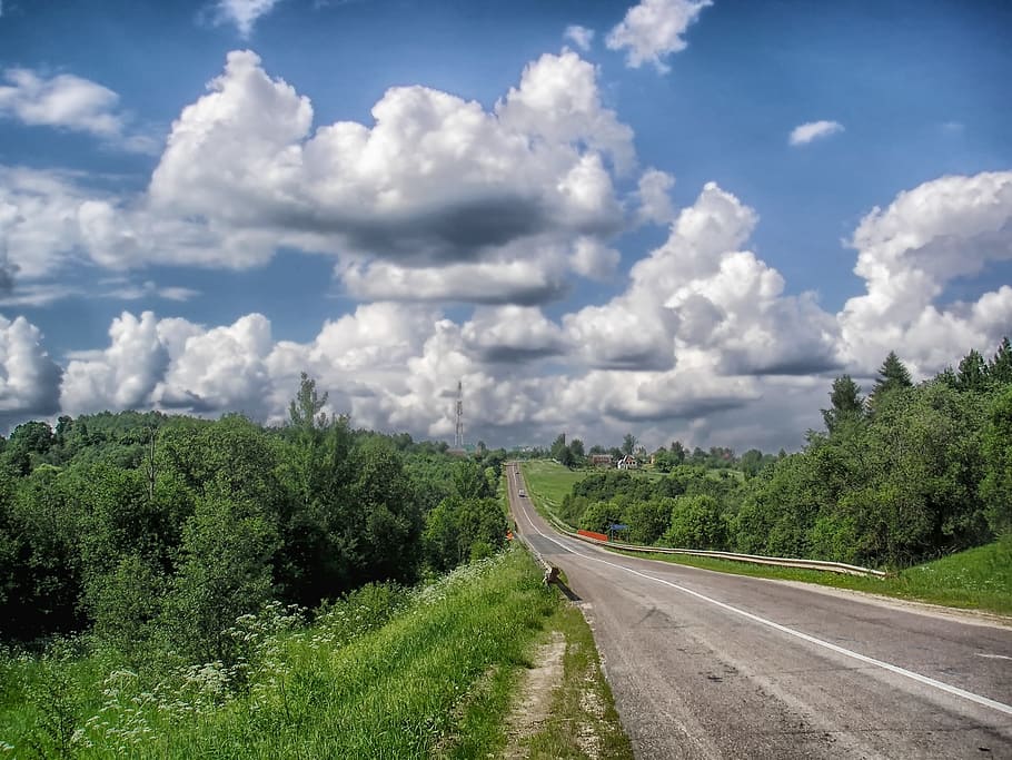 road between farm, russia, landscape, scenic, sky, clouds, summer, forest, trees, nature