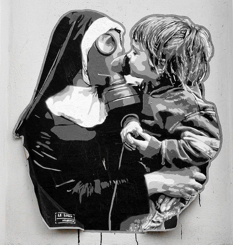boy, kissing, nun sticker, graffiti, street art, urban art, mural, spray, graffiti wall, house facade