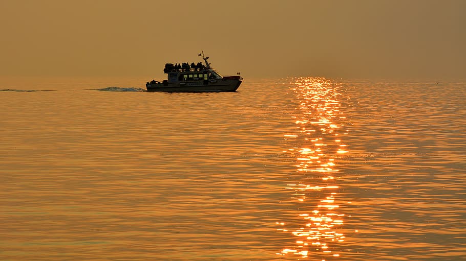 boat, lake, sunset, reflection, sun, water, speedboat, nautical vessel, transportation, mode of transportation