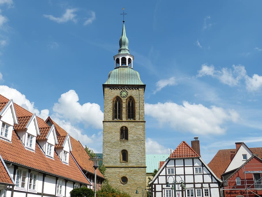 rheda-wiedenbrück, renania del norte westfalia, wiedenbrück, casco antiguo, históricamente, braguero, fachwerkhaus, arquitectura, edificio, iglesia