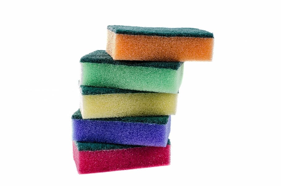 five assorted-color sponges, dishes, close-up, isolated, finery, protective, kitchen, white, soapy, tool