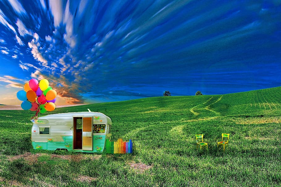 white, green, horse trailer, air balloons, surrounded, brass, daytime, caravan, meadow, holiday