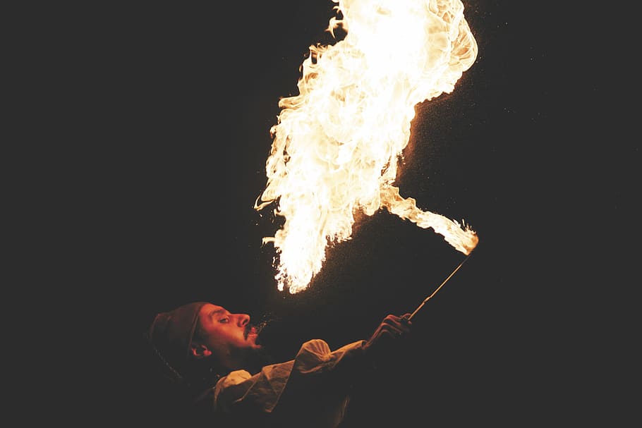 man, holding, black, stick, fire breathing, fire, dancer, flames, fire breather, guy