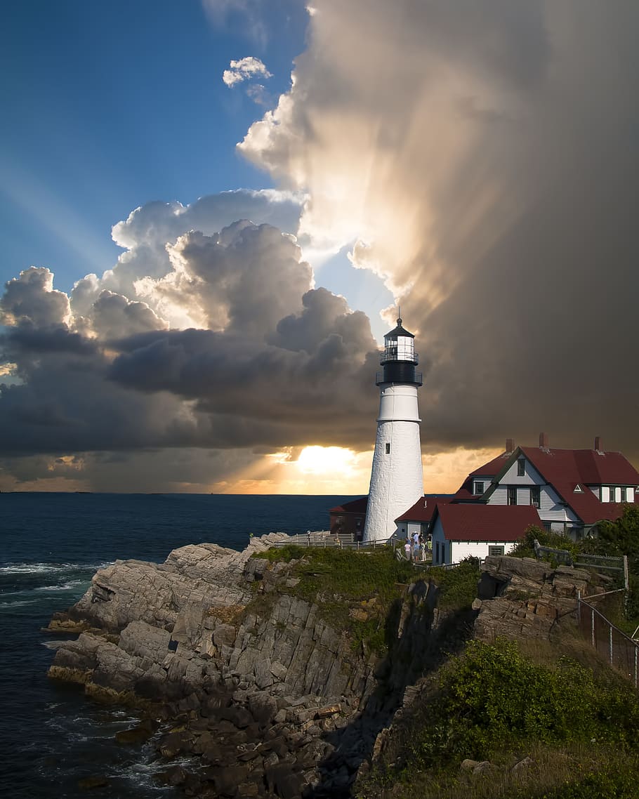 white, lighthouse, body, water, beacon, light house, direction, sunlight, clouds, sky