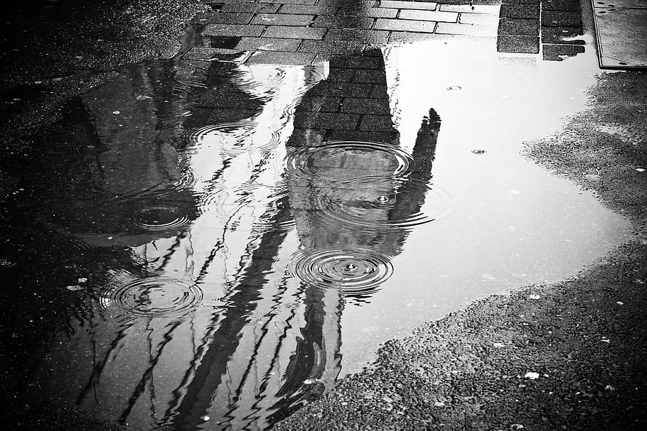greyscale photography, puddle, grey, concrete, floor, rain, water, mirroring, wet, weather