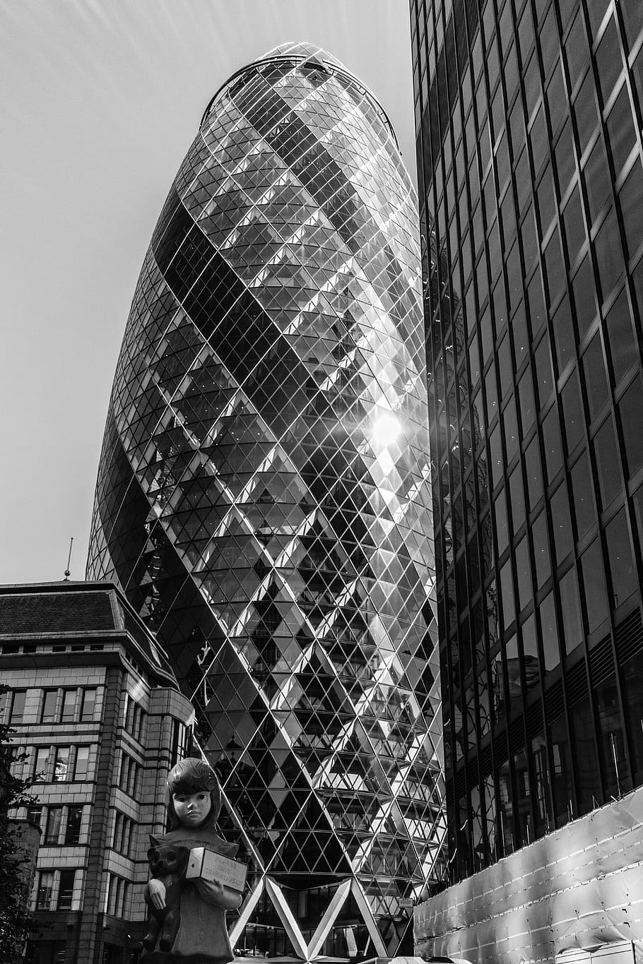 grayscale photography, curtain wall building, gherkin, london, city, tower, architecture, cityscape, skyline, building