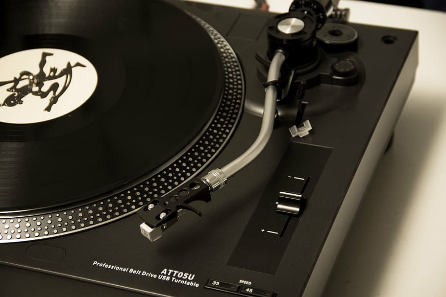 black turntable, lp, dj, music, record player, record, turntable, sound, audio Equipment, nightclub
