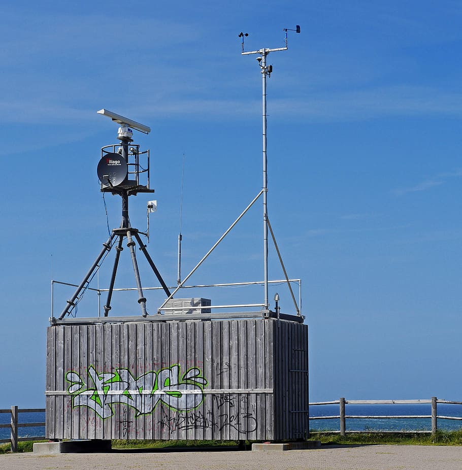 weather station, automated, weather data, data collection, radio transmission, radar, satellite dish, antennas, container, sea
