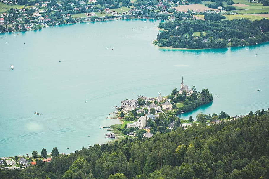 maria wörth castle, Maria Wörth, Wörth Castle, Austria, castle, city, forest, from above, green, lake