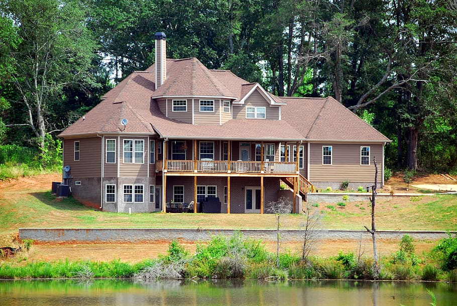 brown, house, lake, trees, home, architecture, landscape, upscale, luxury, estate