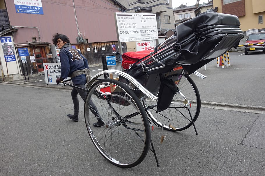 Pull, Carts, Rickshaw, Kiyomizu, Kyoto, pull carts, bicycle, side view, transportation, one person