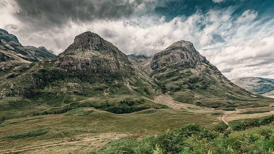 green, mountains, white, cloudy, sky, highlands and islands, scotland, highlands, nature, landscape