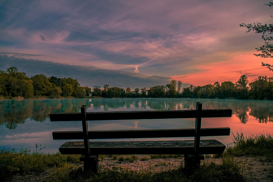 Free download | brown, wooden, bench, sunset, trees, plant, clouds, sky ...