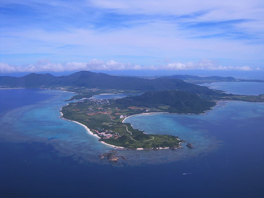 coral reefs, island, ishigaki island, ishigaki city, okinawa, pacific, aerial photograph, sea, sky, white