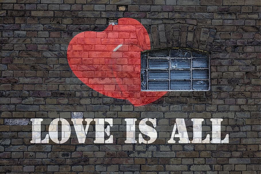 love, painted, brick wall, wall, brick, grafitti, window, heart, symbol, icon