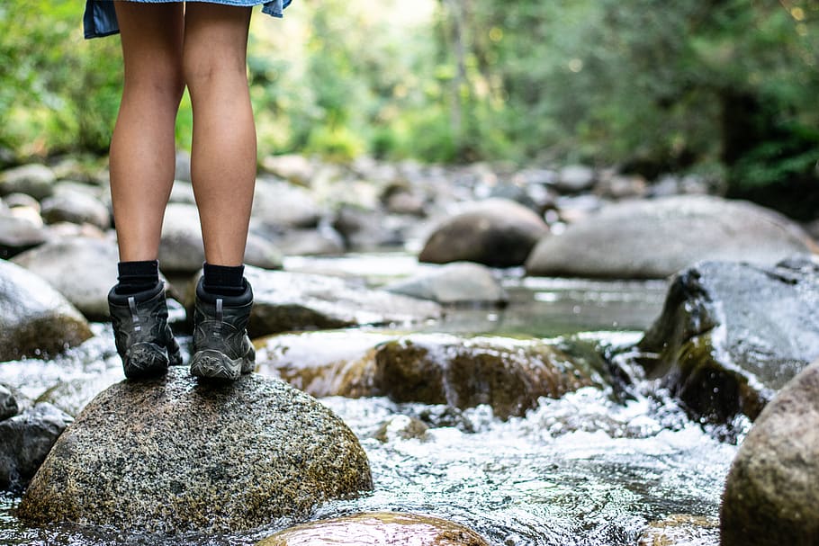 outdoors, shoes, nature, creek, hike, active, healthy, woods, forest, rocks