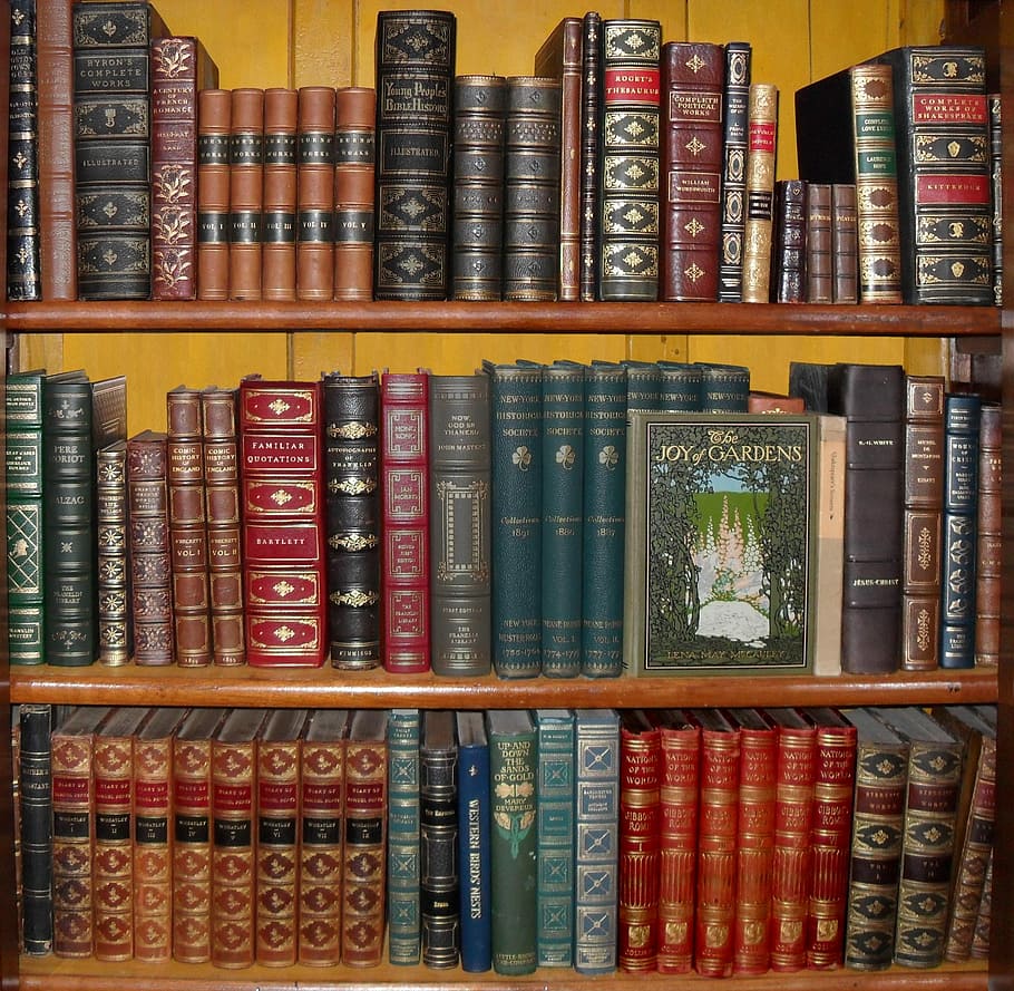 assorted, handbound books place, wooden, shelf, Books, Library, Bookshelf, Bookshop, vintage, antique