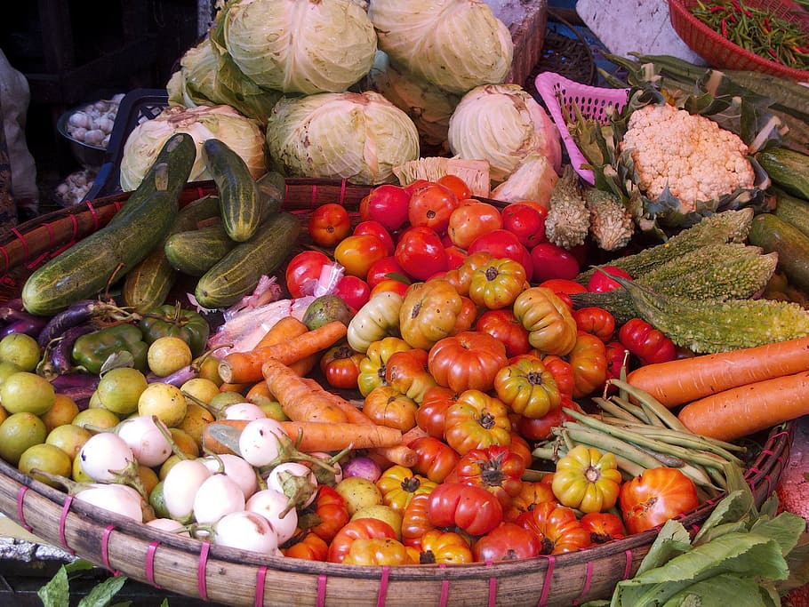 variedade variada, legumes, cesta de vinhedo, tomate, couve-flor, verde, vermelho, abobrinha, cenoura, comida e bebida
