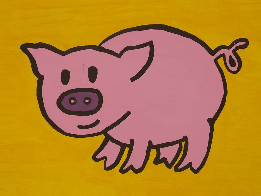 sketch of pig, Pig, Cartoon Character, Drawing, funny, animal, figure, pink, curly tail, yellow