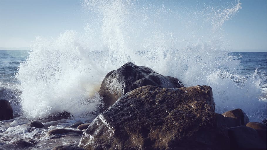 wave, crashing, stone, black, blue, ocean, rocks, sea, summer, waves