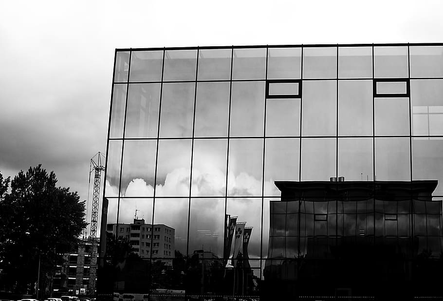 architecture, building, heaven, modern, gray, czech budejovice, glass, reflection, black and white, built structure