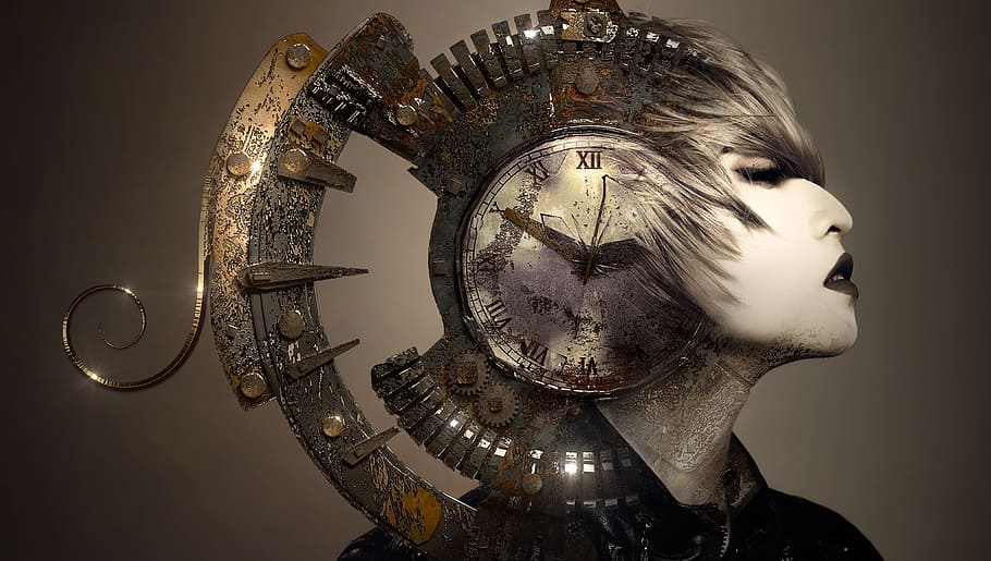 girl clock illustration, fantasy, portrait, surreal, woman, helm, clock, biomechanically, old, antique