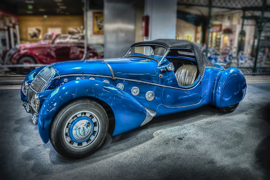 prototype, car, peugeot, blue, old-fashioned, retro styled, transportation, collector's car, outdoors, day