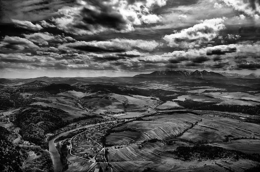 aerial, clouds, sky, black and white, landscape, nature, cloud - sky, beauty in nature, scenics - nature, environment