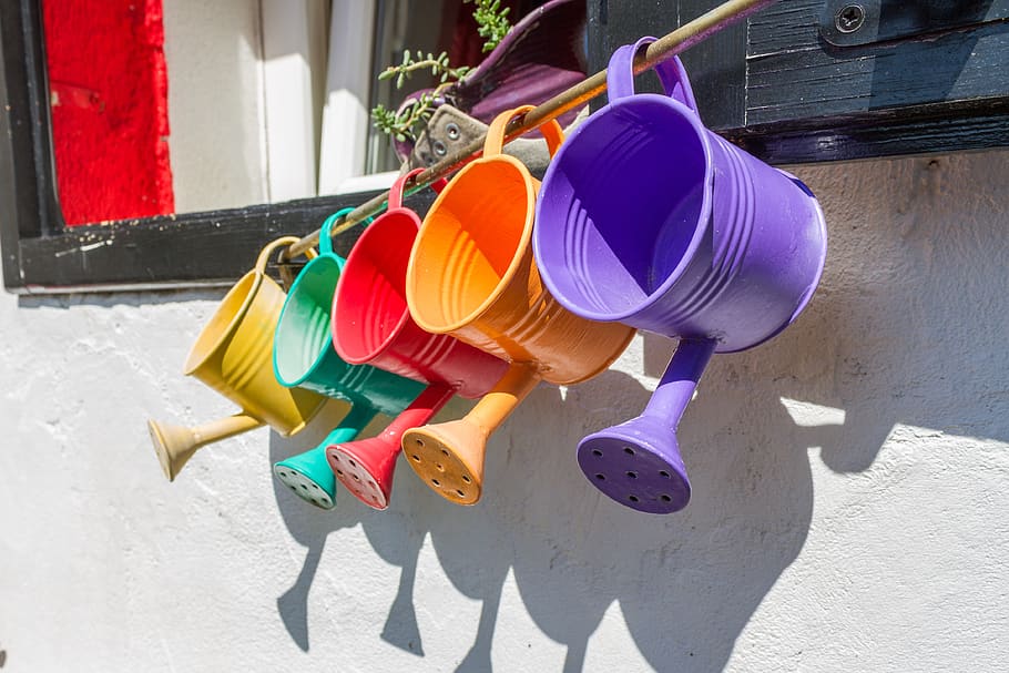 colorful, watering cans, watering can, garden, decoration, color, spring, summer, multi colored, sunlight