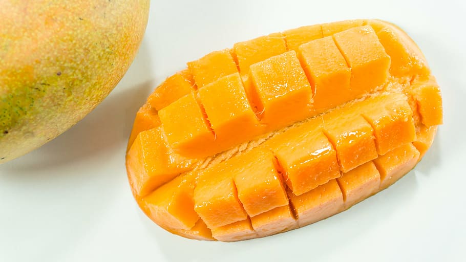 sliced mango, mango, slice, white, yellow, isolated, cut, fruit, background, juicy