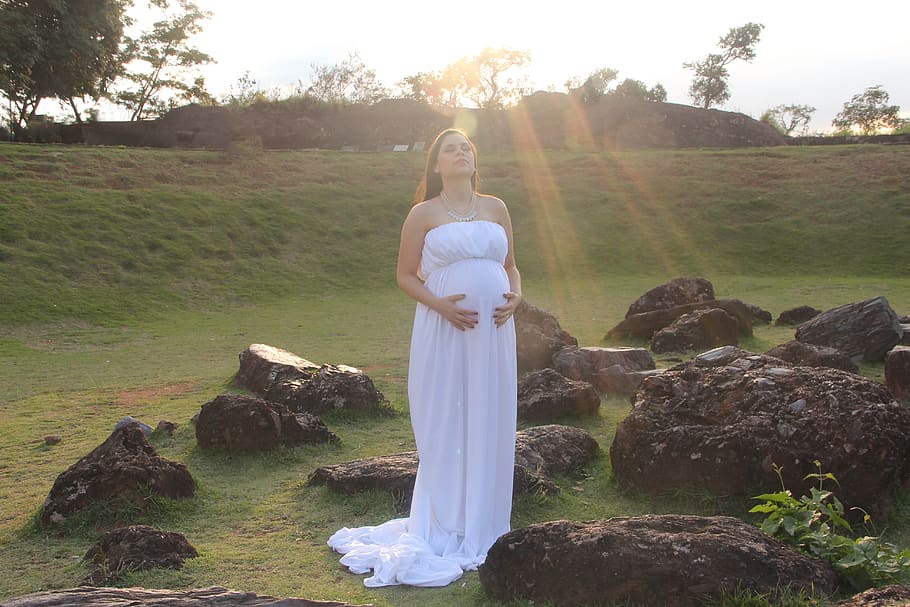 Amor, mujer embarazada, familia, embarazo, vestido blanco, tierno, futura madre, esperando un bebé, hermosa, mujer