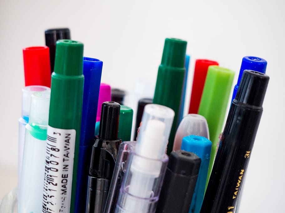 colorido, bolígrafo, marcador, arte, dibujo, escuela, oficina, suministros, blanco, mesa