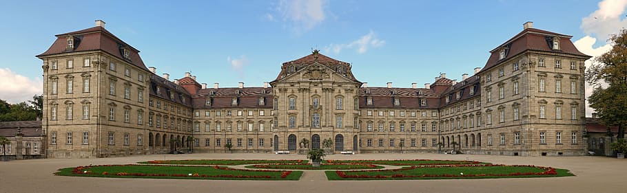 gray, brown, concrete, mansion, cloudy, sky, daytime, weißenstein, the palace, pommersfelden