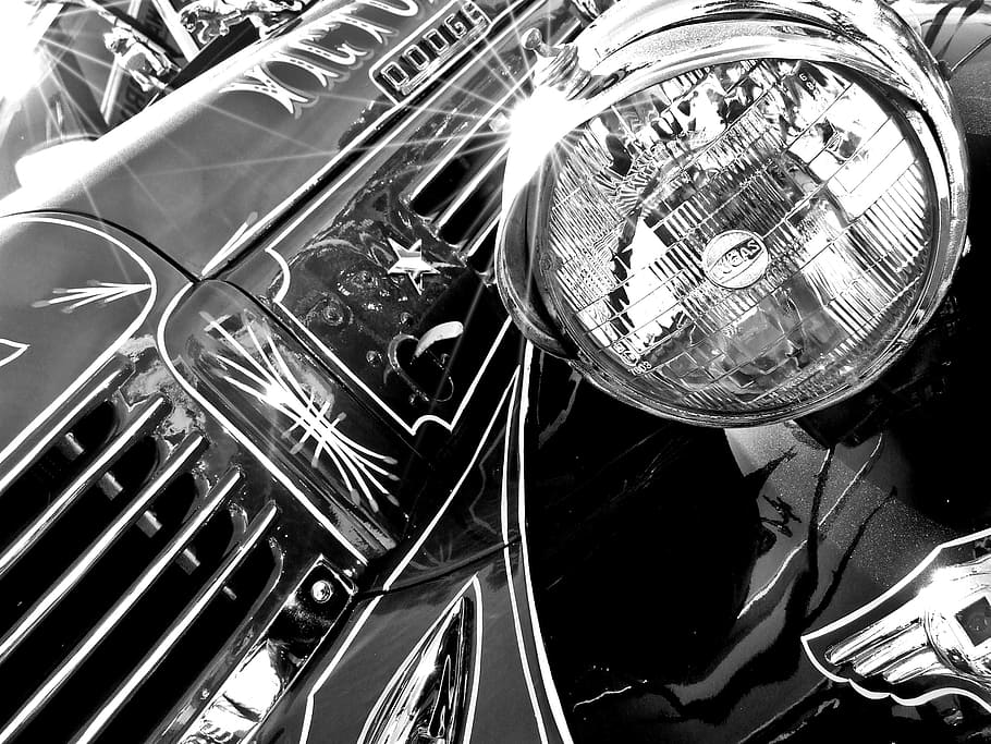 grayscale photography, dodge, vehicle, truck, front, abstract, headlight, transportation, transport, delivery